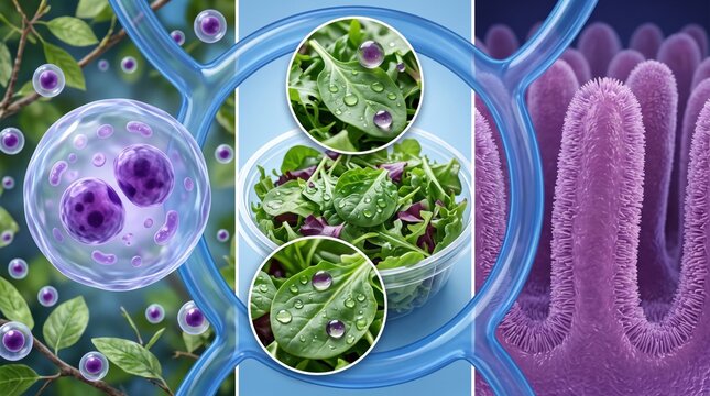 Medical illustration showing the transmission cycle and infection of Cyclosporiasis through contaminated food and leafy greens affecting the human intestine