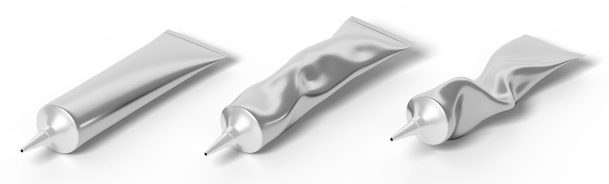 Metal eye cream squeeze tubes with long nozzle tips. 3D set of silver aluminum containers, cosmetic packaging mockups for skincare product, hair oil applicator, liquid medicine, glue. 3D illustration