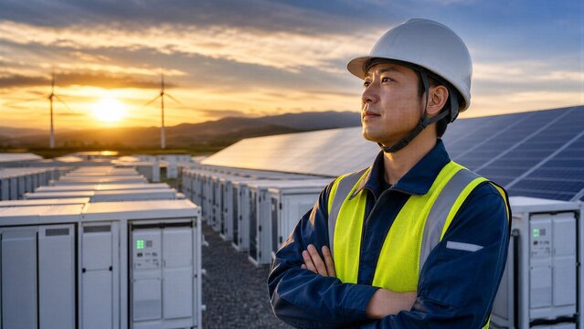 Professional Engineer Inspecting Massive Solar Battery Storage Facility in Renewable Energy Landscape.