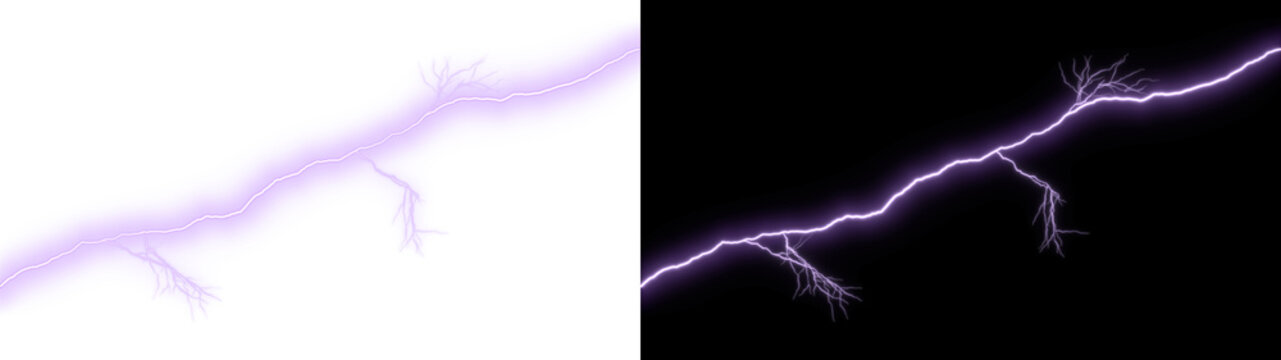 Realistic lightning bolt effect, indigo pink thunder strike with branching electric discharge on transparent background