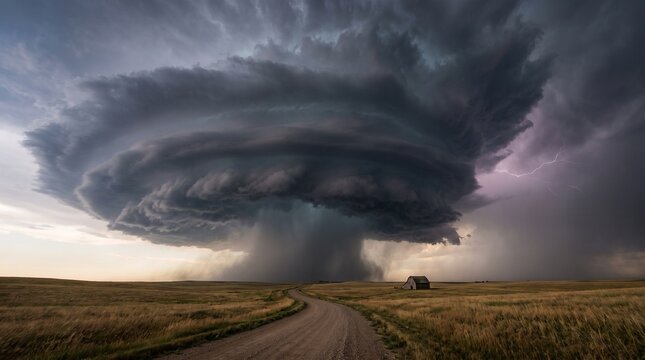 Massive Supercell Storm Clouds Over Rural Road