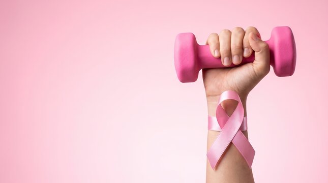 Breast Cancer Awareness Pink Ribbon Strength And Fitness Concept With Hand Holding Dumbbell On Pink Background