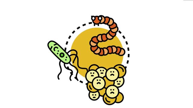 Bacterial colonies, including rod shaped, spiral, and cocci forms with some showing sad faces, illustrate microbial growth and potential infection in a scientific context