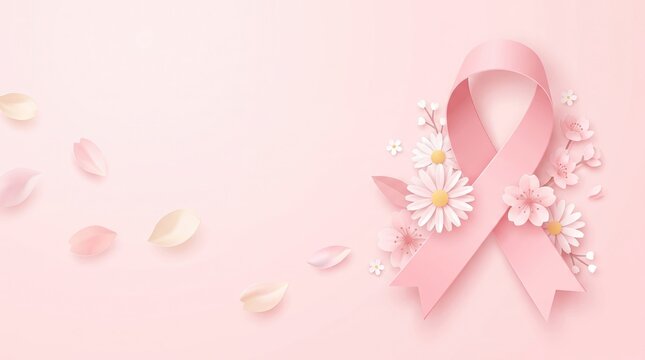 Elegant 3D Paper Cut Pink Ribbon With Daisies And Cherry Blossoms For Breast Cancer Awareness Banner