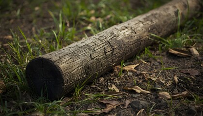 Fototapeta premium Naturally Weathered Old Wooden Log Lying on Earthy Ground in Green Grass