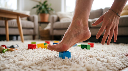 Fototapeta premium Close up of a bare foot stepping on a plastic toy block on a carpet.