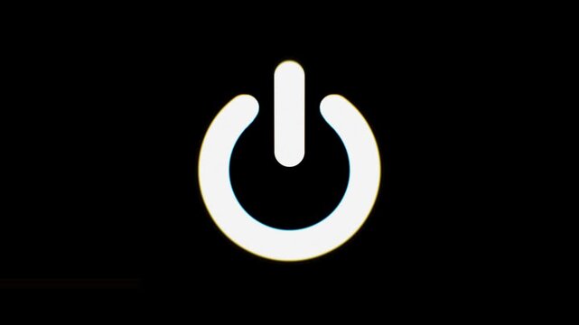Digital power button icon with a dynamic glitch effect on a black background. System control, startup, shutdown, and reboot functions with a modern tech-inspired aesthetic.