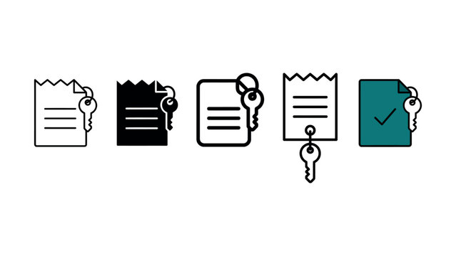 Set of five flat line icon designs representing keyword documents and digital security concepts