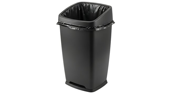 Modern black plastic waste bin with fitted liner isolated on clean white studio background with contemporary matte black