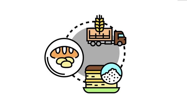 Bakery bread delivery outlining the continuous process from raw grain ingredients and baked goods production to final fresh food transportation