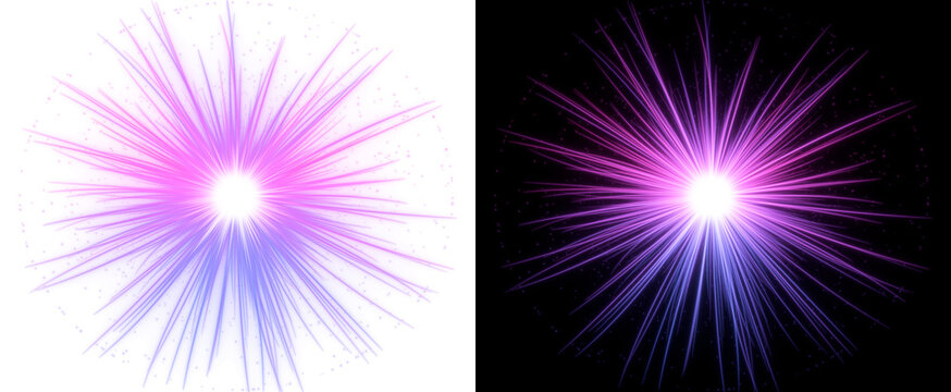 Fiber optic light burst effect, glowing purple magenta neon rays exploding from bright center on transparent background