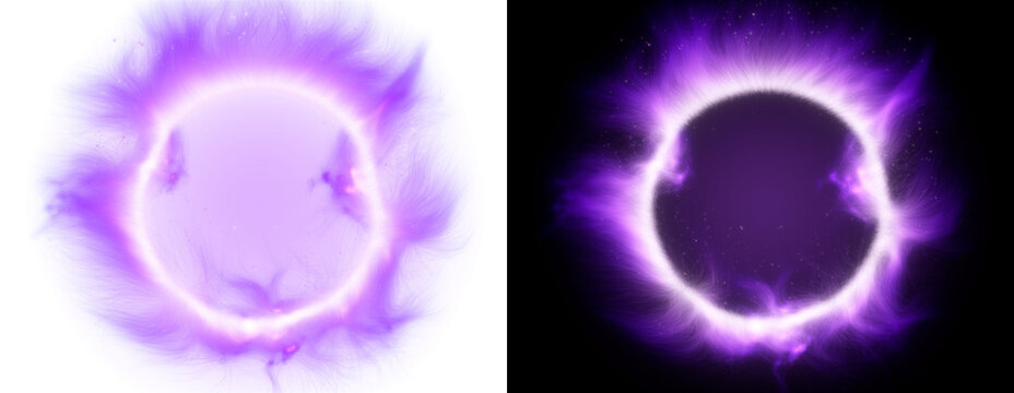 Fire ring effect, burning purple violet flame circle with realistic blazing fire on transparent background