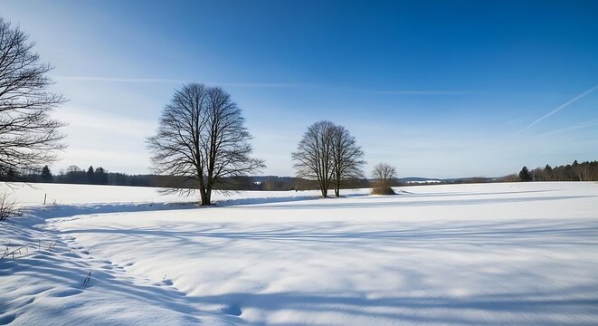 Bare deciduous trees standing amidst vast snow covered field under clear bright blue winter sky with landscape