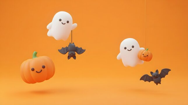 Cute 3d halloween illustration featuring friendly ghosts, bats, and a smiling pumpkin floating against a solid orange background