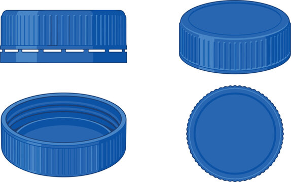 Blue Plastic Bottle Cap Vector Icon Set Featuring Side Perspective Top and Bottom Views for Product Packaging Manufacturing and Recycling Graphic Designs