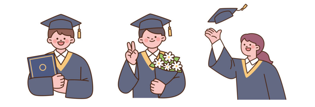 Editable graduation character illustrations featuring diploma, bouquet, peace sign and cap toss. Perfect for graduation, education and celebration.