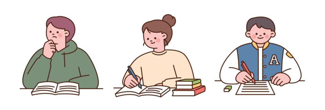 Editable college student character illustrations showing studying, writing notes, reading books and preparing for exams. Perfect for education themes.