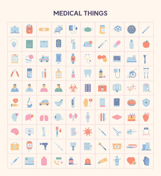 100 medical vector icons featuring healthcare equipment, hospital tools, anatomy, medicines and healthcare symbols. 