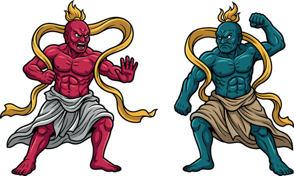 Japanese Nio Guardian Statues Vector Illustration Featuring Kongorikishi Vajrapani Wrathful Temple Protectors Agyo and Ungyo for Cultural Asian History Designs
