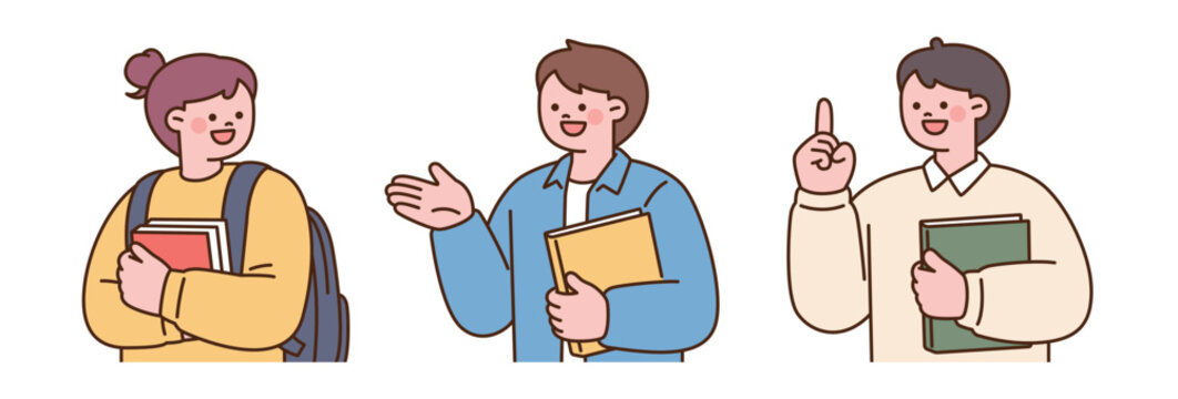 Cheerful college students holding books and backpacks while talking and gesturing in a simple outlined illustration style.