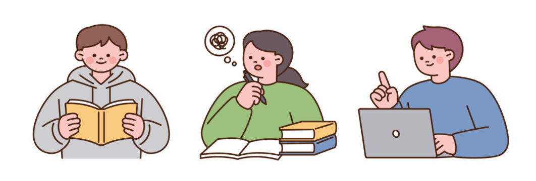 College students reading, studying with books, and learning on a laptop in a simple outlined illustration style.