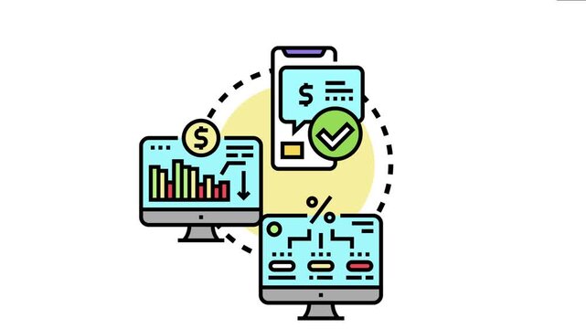 Financial data and balance sheet information are confirmed and processed using a smartphone and computer monitors displaying charts, graphs, and percentage data for auditing and accounting tasks