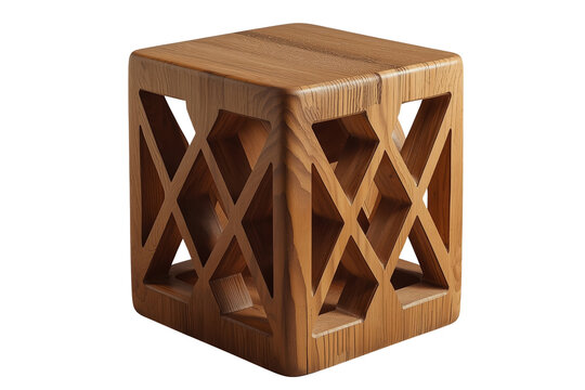 Square carved wooden lattice stool with geometric cutouts