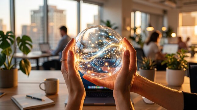 Hands holding glowing sphere with digital network connections representing global data communication and future technology concept in office.