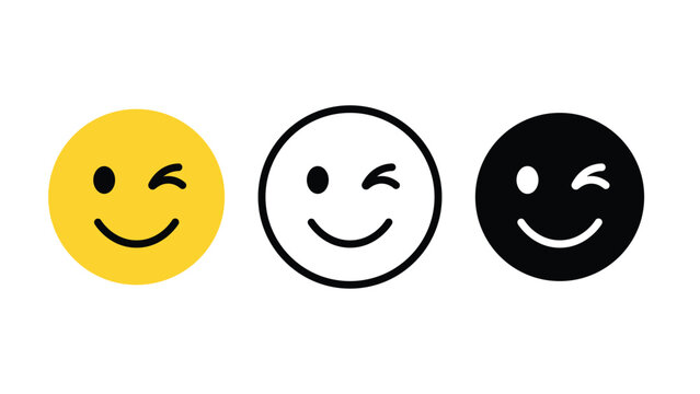 Winking smile face emoji emotion icon set outline silhouette and color vector isolated on white background