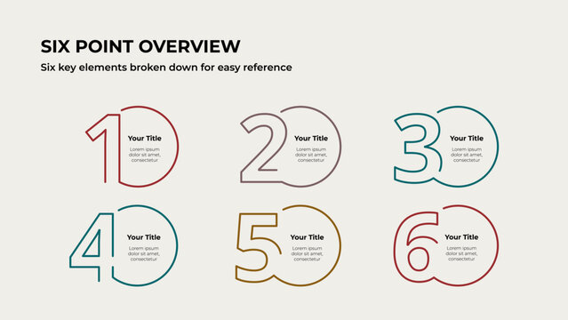Six large numeral icons with titles for business infographic.