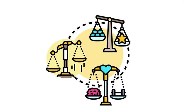 Scales balancing different abstract concepts and subjective elements, the process of making decisions, assessing values, and finding equilibrium between various viewpoints
