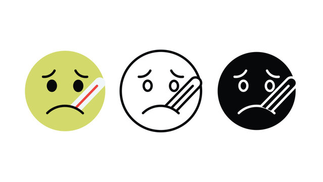 Sick fever face emoji health icon set outline silhouette and color vector isolated on white background