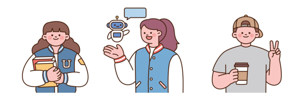 Cute flat vector college student illustrations with books, AI learning and takeaway coffee. Hand-drawn editable clipart for campus life.