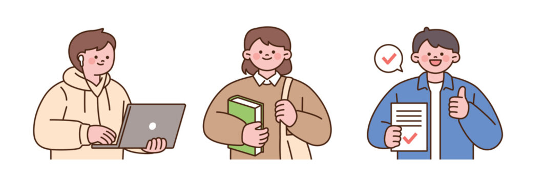 Cute flat vector college student illustrations using a laptop, carrying books and completing assignments. Hand-drawn editable clipart.