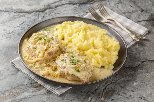 Juicy German schnitzel with onion cream sauce and served with mashed potatoes close-up in a plate on the table. Horizontal