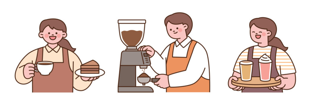 Cute flat vector barista illustrations serving coffee, grinding beans and carrying drinks. Hand-drawn editable clipart for cafes and coffee shops.