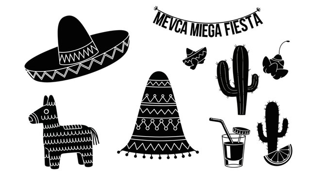 Mexican fiesta symbols with illustrations representing mexican black white illustrations fiesta including sombrero sombrero pinata cacti collection black