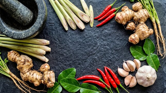 Fresh Thai Ingredients Including Lemongrass Kaffir Lime Leaves Thai Chilies Ginger and Garlic on Dark Stone Surface