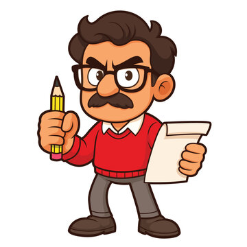 Cartoon Male Teacher Holding Pencil and Paper Vector Illustration