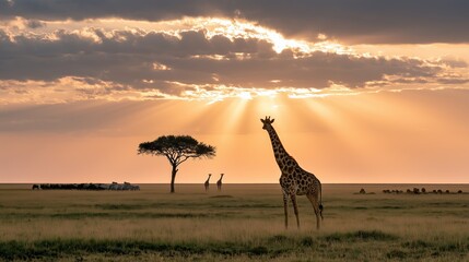 Naklejka premium A lone giraffe stands gracefully under a dramatic orange sunset in the African savannah, accompanied by distant trees and zebras.