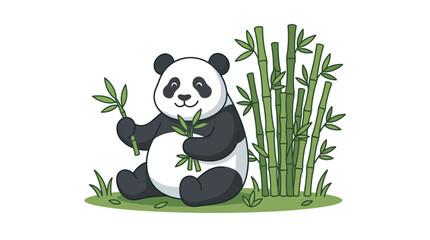 Cute cartoon panda eating bamboo in lush green forest setting illustration © ASIB