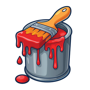 Cartoon Paint Can with Brush and Dripping Red Paint Vector Illustration