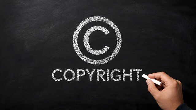 Hand writing copyright text and symbol on dark chalkboard. Concept of intellectual property education, legal trademark, and authorship rights.