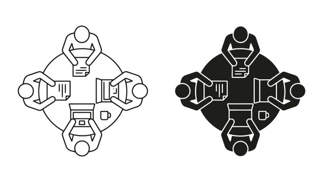 Business team meeting around round table icon set with business, collaboration