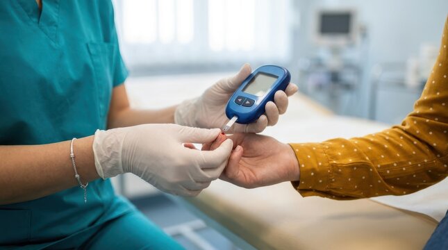 Medical professional checking blood glucose level of female patient using digital monitor for diabetes management.