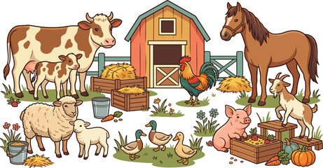 Fototapeta premium Cute Domestic Farm Animals Vector Illustration Collection with Cow Calf Horse Sheep Lamb Pig Goat Ducks and Rooster by Barn House
