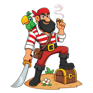 Cartoon Pirate Captain with Parrot, Sword and Treasure Chest Vector Illustration
