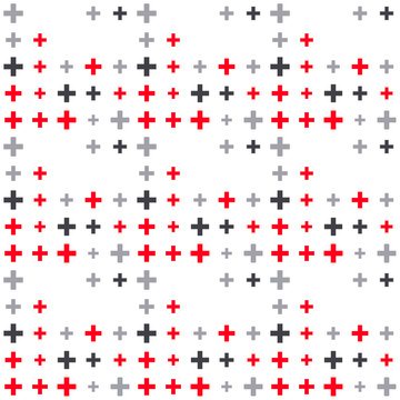 Minimalist seamless pattern with scattered red black and grey plus signs on a clean white background