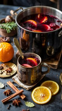 Vino caliente especiado tradicional de invierno con rodajas de naranja y especias en una taza y una olla