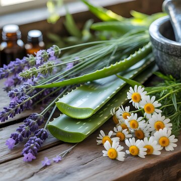 Ingredientes de medicina natural y cosm&eacute;tica con aloe vera, lavanda y manzanilla sobre madera
